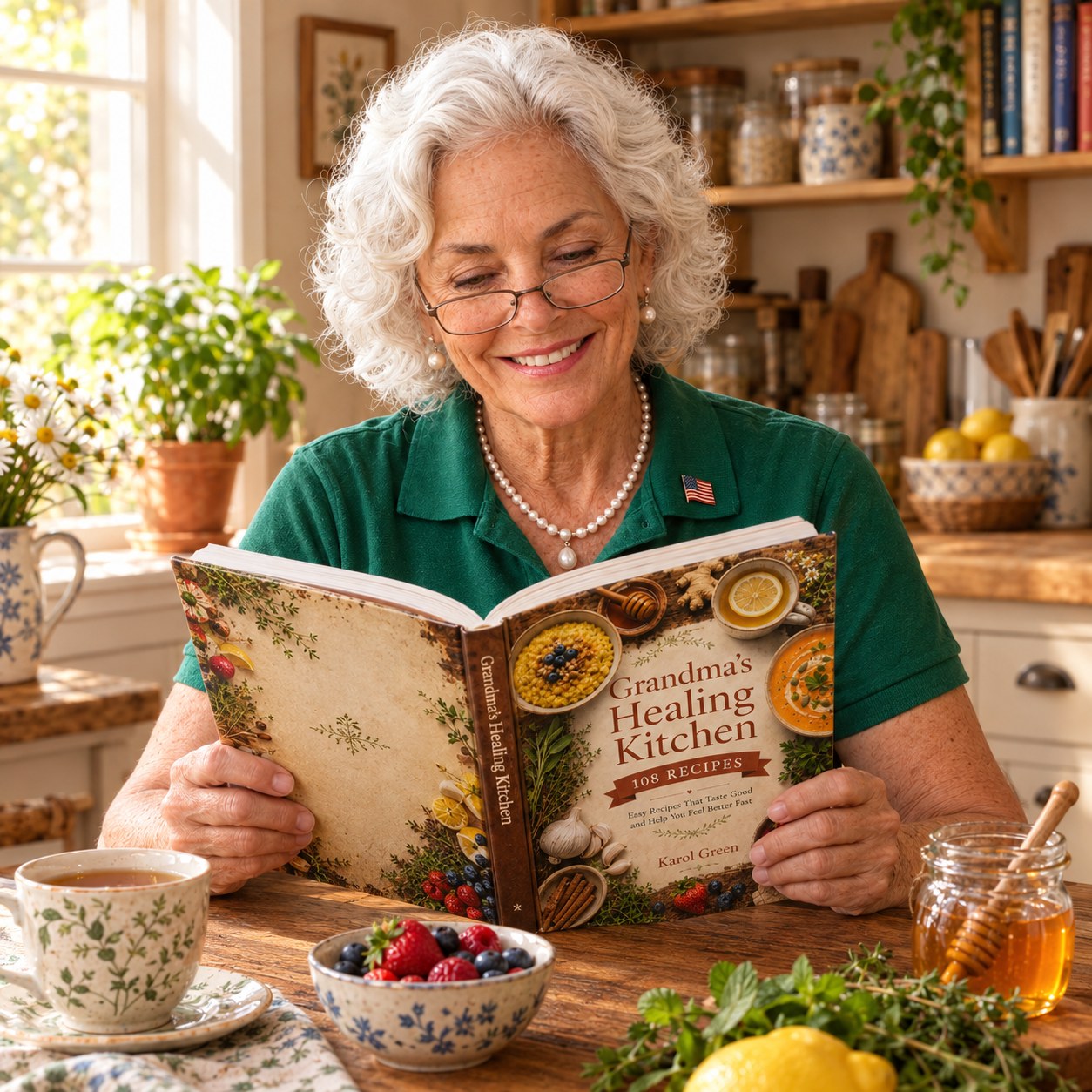 Karol Green reading in her cozy kitchen